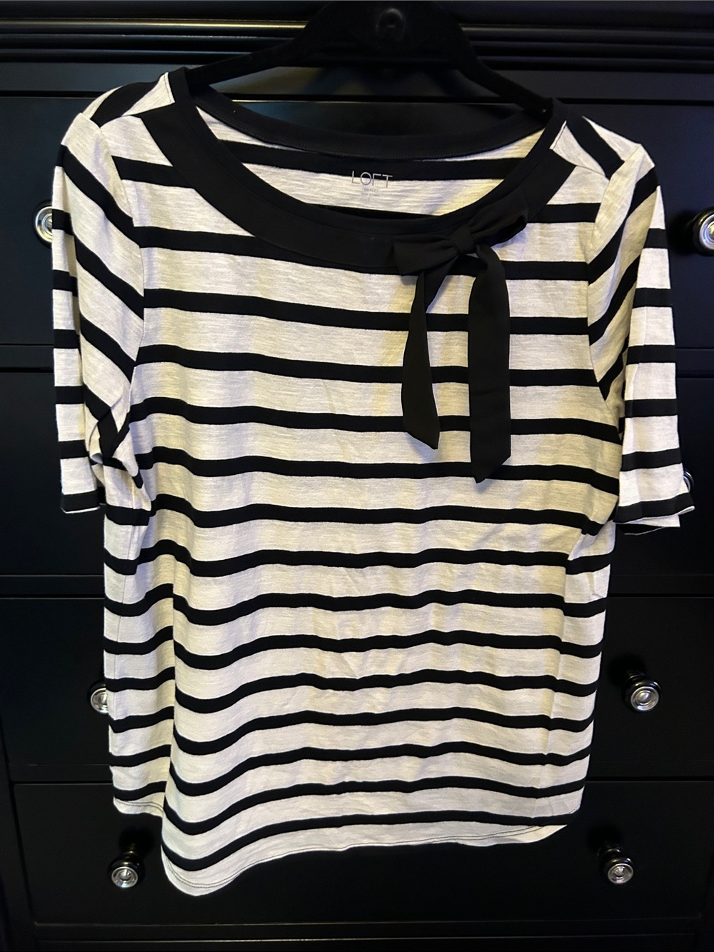 LOFT Black & White Striped Tie-Neck Short Sleeve Top